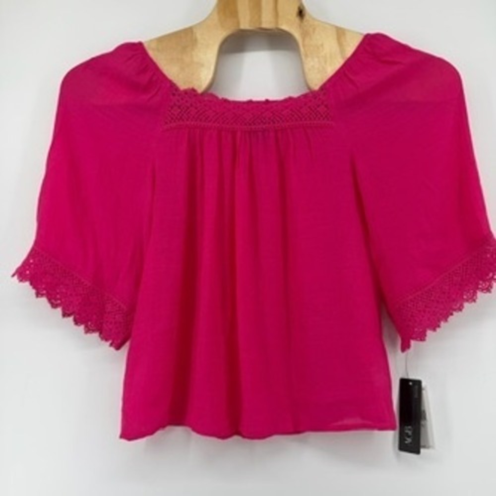 AGB‎ Petite Hot Pink Crochet Lace Trim Square Neck Blouse 5441V0A PS NEW
